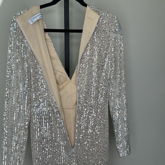 NWT IEENA for MAC DUGGAL Nude Silver Sequin Knotted Long Sleeve Midi Dress Women - Picture 10 of 11